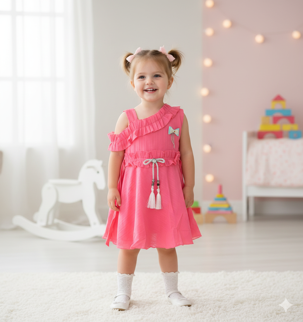 Petal Pink Ruffled Cold-Shoulder A-Line Dress