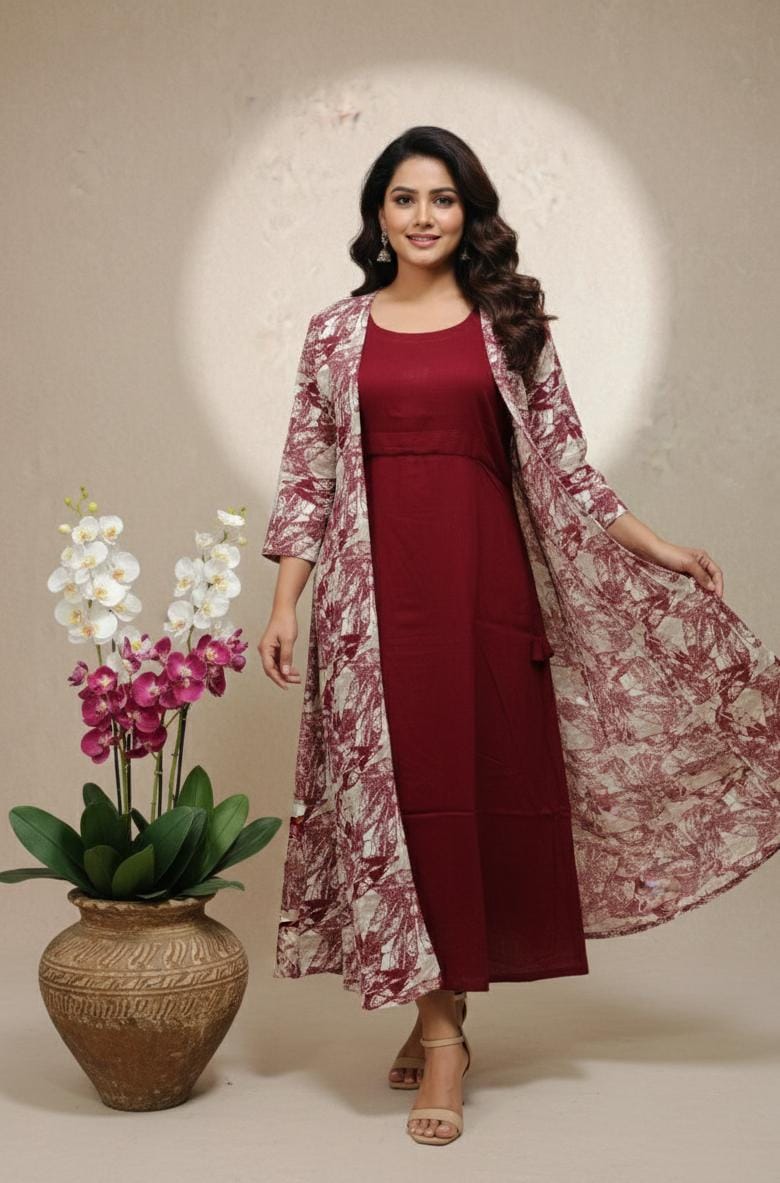 Maroon Fusion Maxi Dress with Abstract Print Shrug