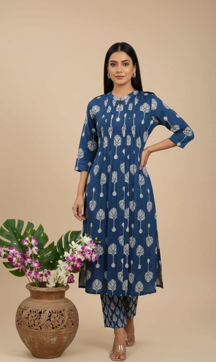 Indigo Floral Block-Print Pintuck Kurta Set