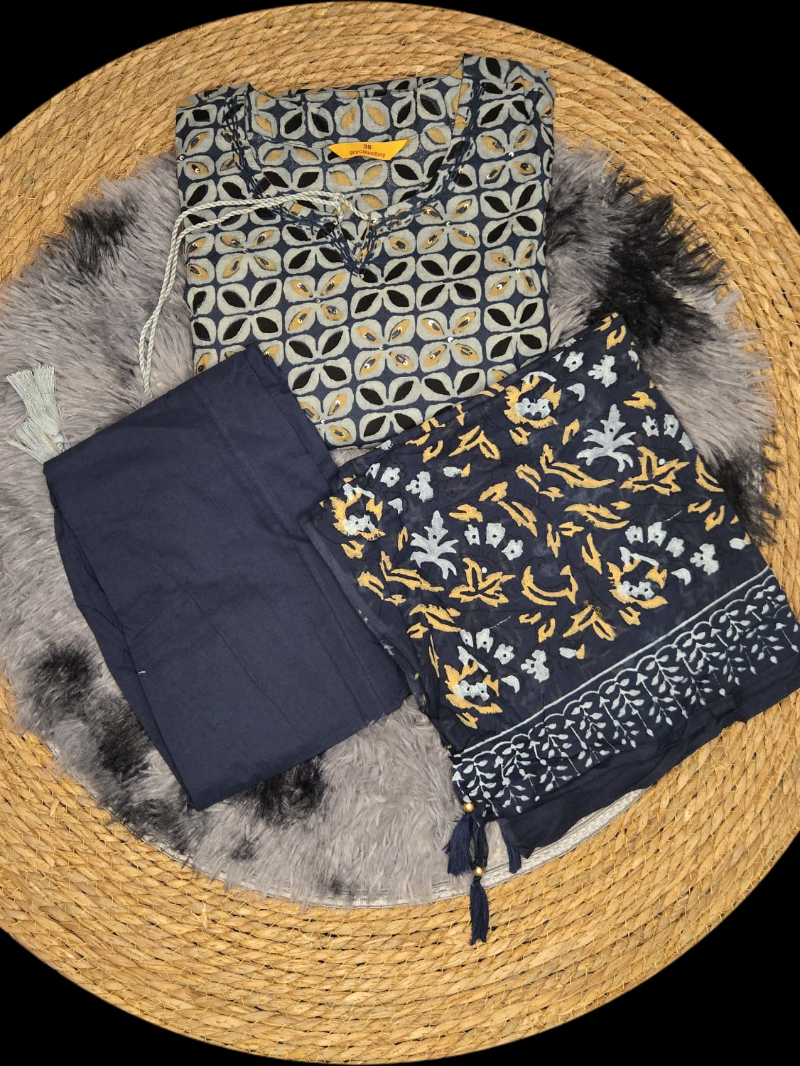 Elegant Indigo Geometric Kurta Set with Dupatta