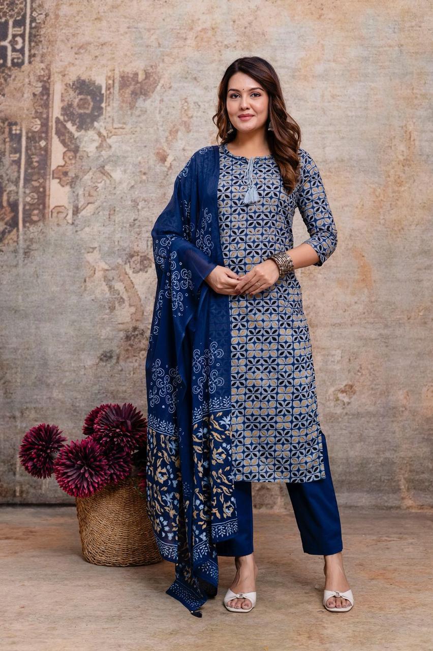 Elegant Indigo Geometric Kurta Set with Dupatta