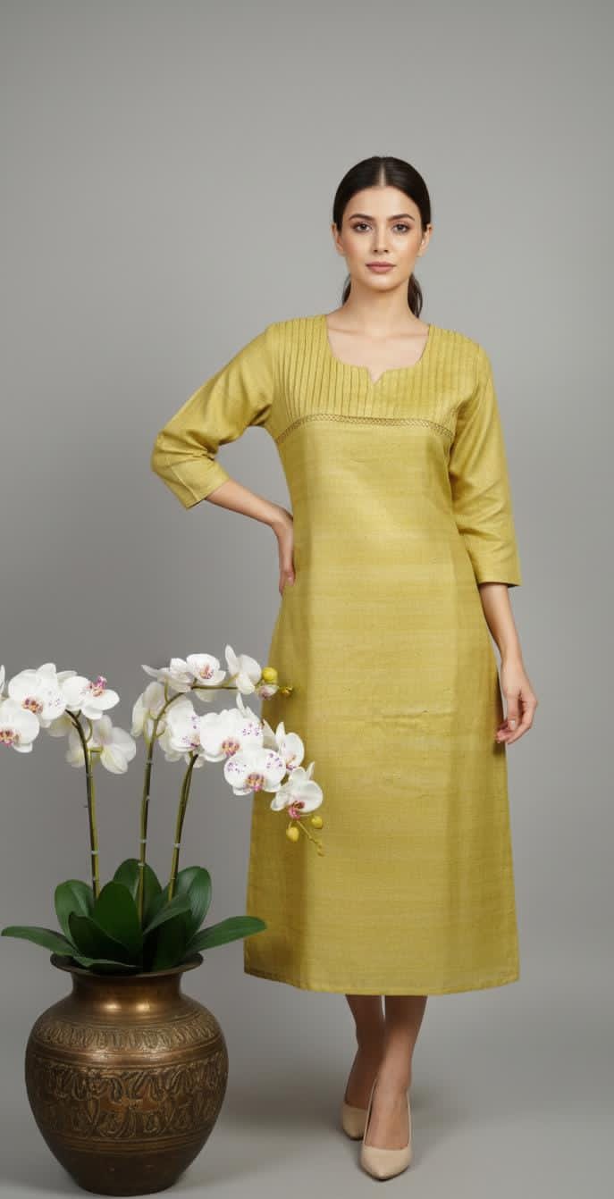 The Olive and blue Pintuck Silk Kurta
