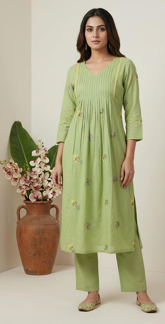 Sage Green Pleated Floral Kurta Set