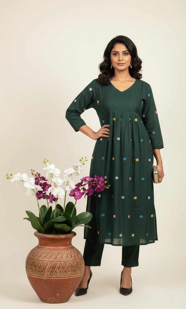 Sage Green Pleated Floral Kurta Set