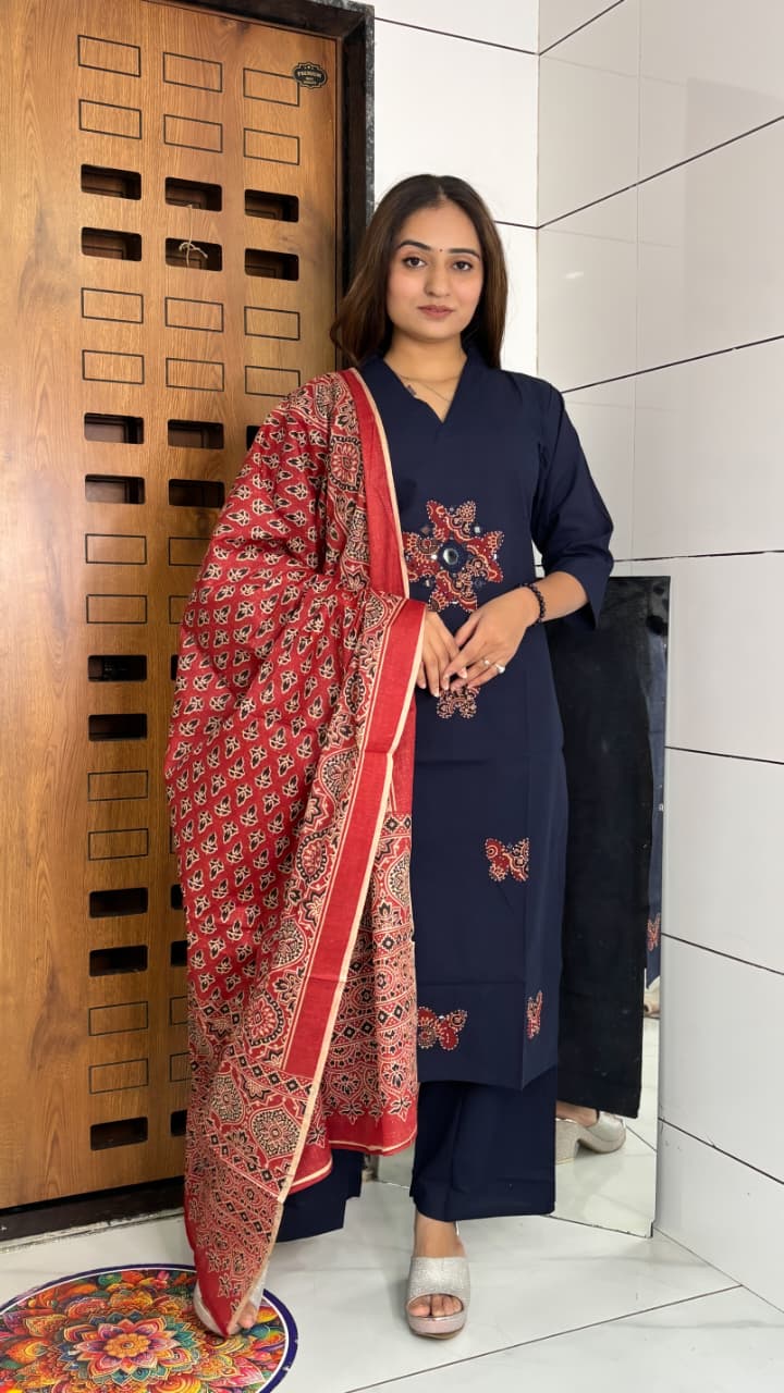 Navy Blue Ajrakh Fusion Salwar Suit