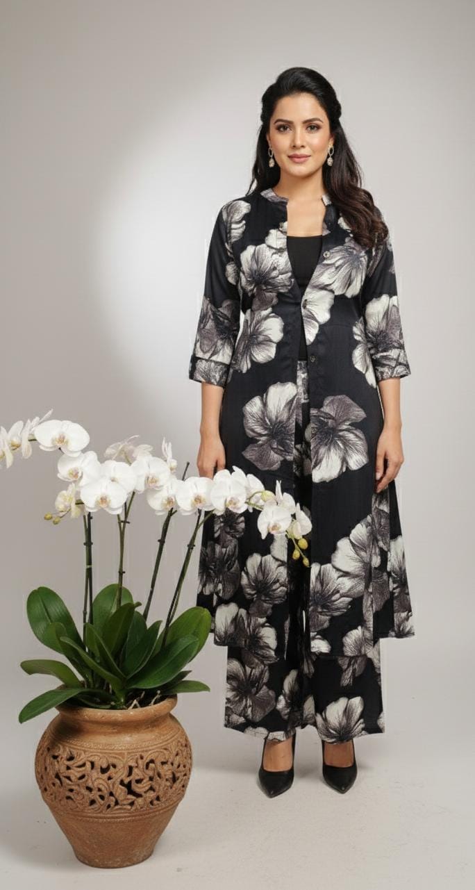 Elegant Monochrome Floral Three-Piece Co-ord Set