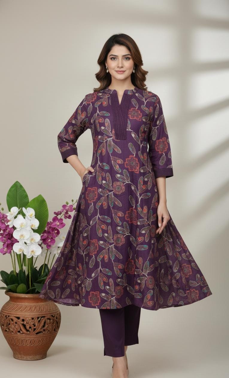 Regal Plum Floral A-Line Kurta Set